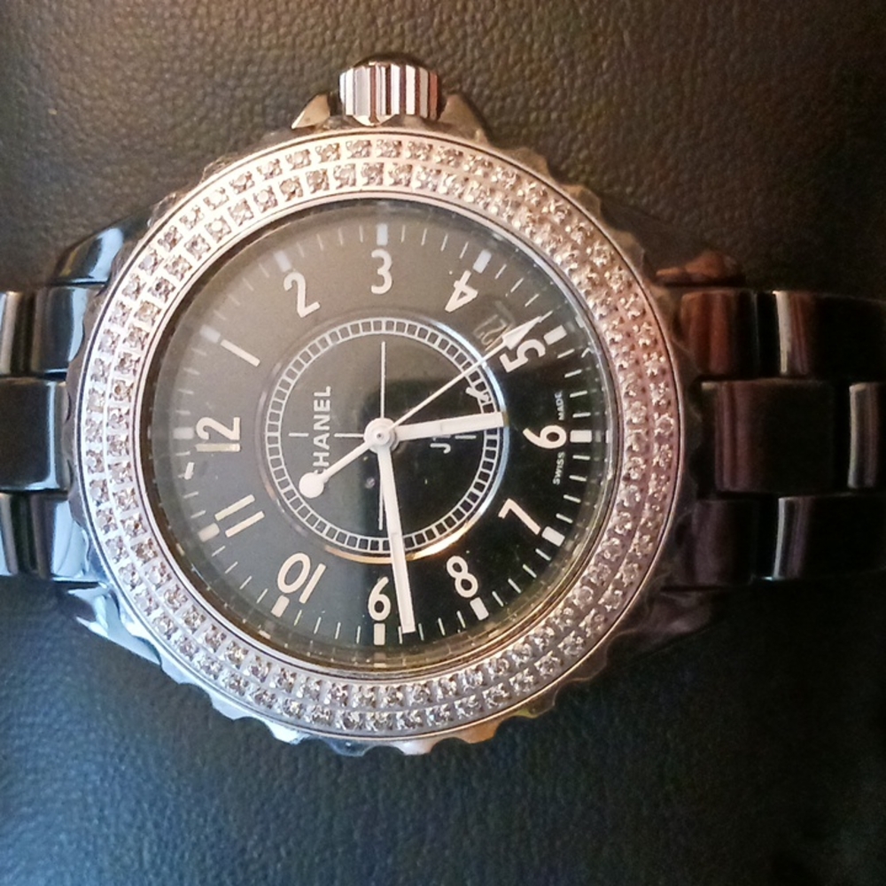 CHANEL J12 Matte Black Porcelain Ladies Watch with 1ct Diamond Bezel